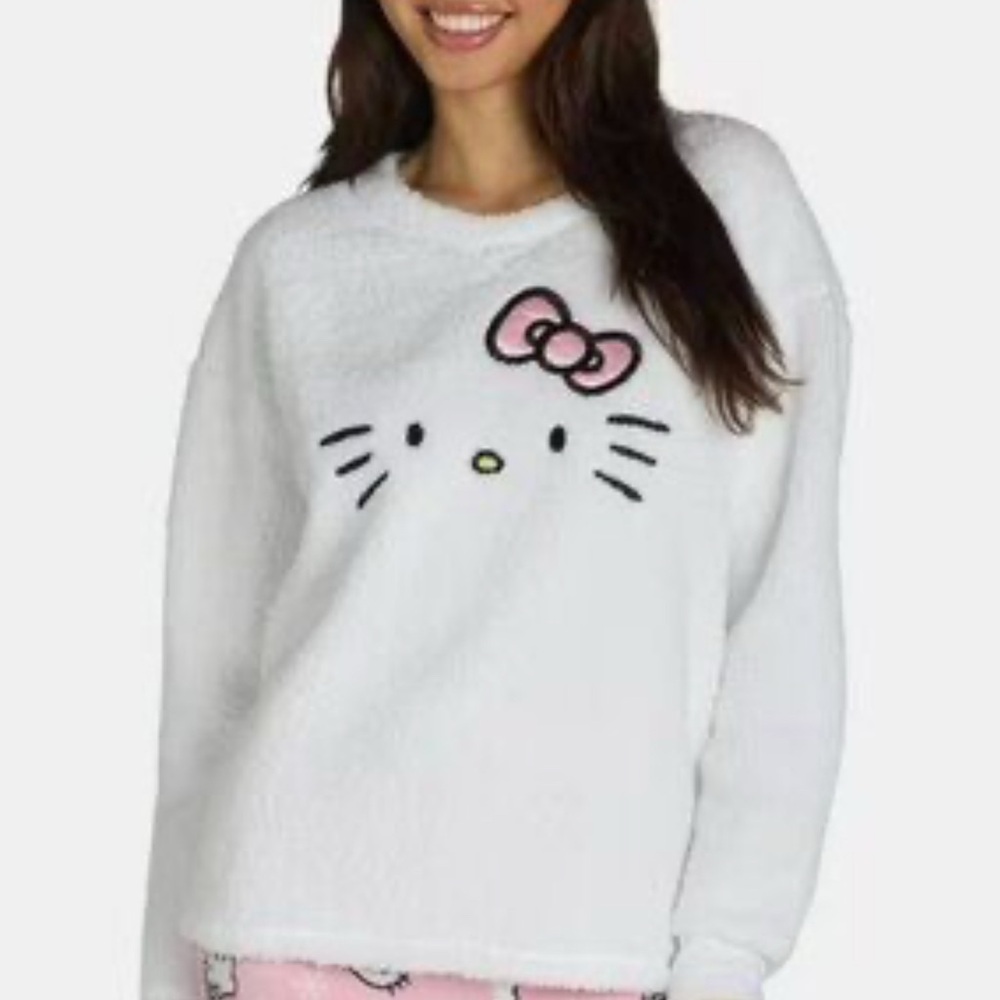 Sanrio Hello Kitty White Fleece Plush Cozy Sweater or Sleepwear Top Woman 8-10